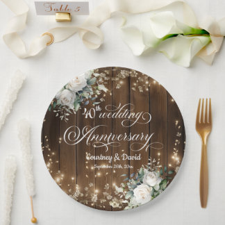 40th Wedding Anniversary Rustic String Lights  Paper Plates