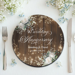 40th Wedding Anniversary Rustic String Lights Paper Plates