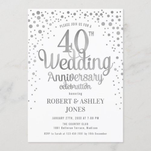 40th Wedding Anniversary _ Silver  White Invitation