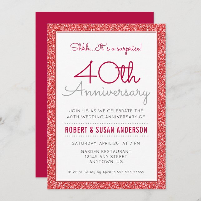 40th Wedding Anniversary Surprise Faux Red Glitter Invitation (Front/Back)