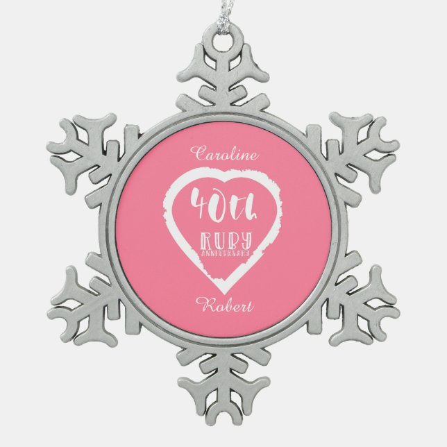 40th wedding anniversary traditional ruby snowflake pewter christmas ornament (Front)