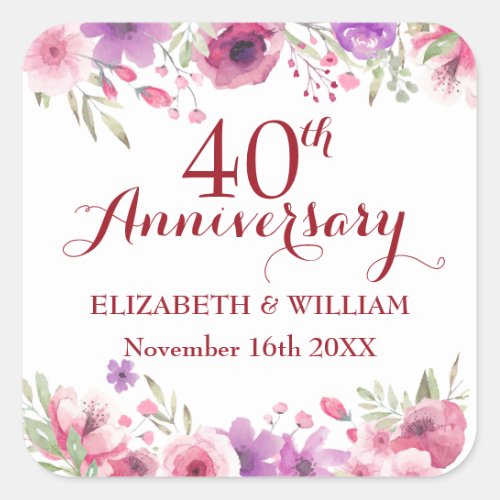 40th Wedding Anniversary Watercolor Roses Floral Square Sticker