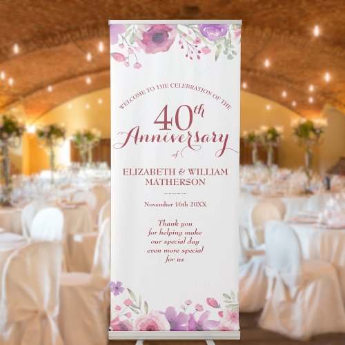 40th Wedding Anniversary Watercolor Roses Welcome Retractable Banner