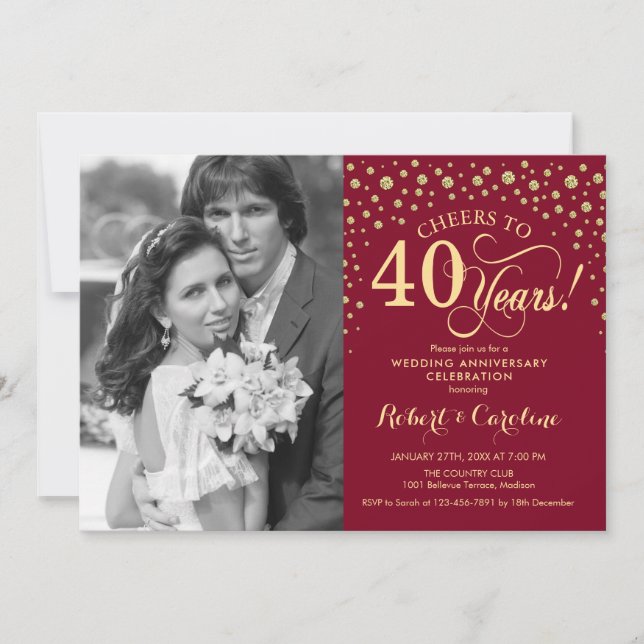 40th Wedding Anniversary with Photo - Red Gold Invitation (Front)