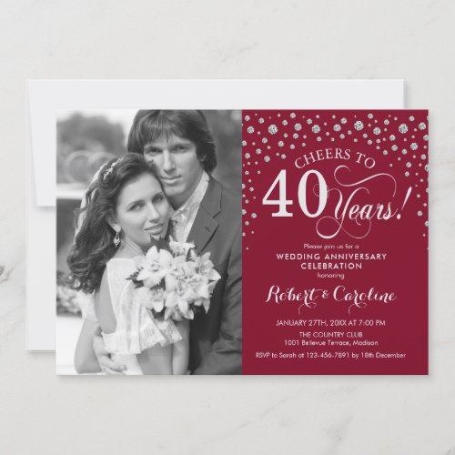 40th Wedding Anniversary with Photo _ Red Silver Invitation