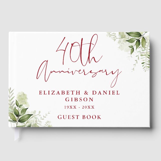 40th Wedding Ruby Anniversary Greenery Photo Guest Book (Front)
