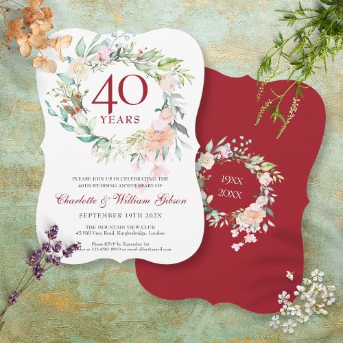 40th Wedding Ruby Anniversary Roses Garland  Invitation