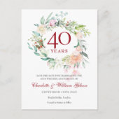 40th Wedding Ruby Anniversary Save the Date Floral Announcement Postcard (Front)