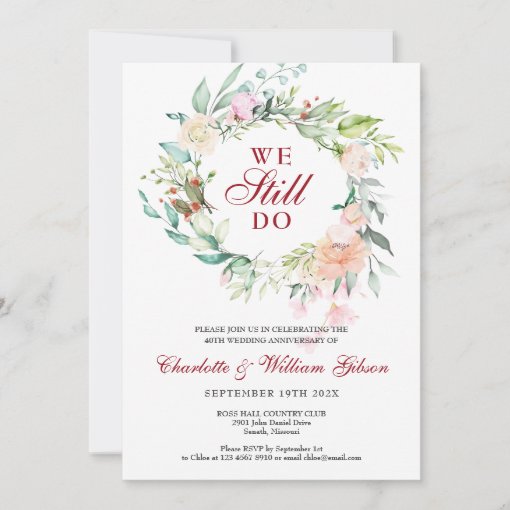 40th Wedding Ruby Anniversary Vow Renewal Floral Invitation Zazzle