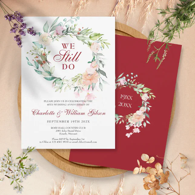 40th Wedding Ruby Anniversary Vow Renewal Floral Invitation Zazzle