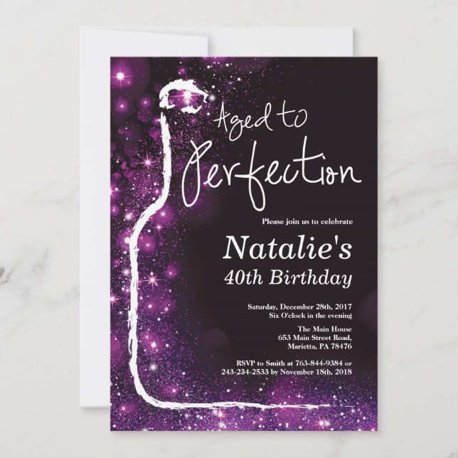 40th Wine Birthday Aged to Perfection Purple Invitation (Front)