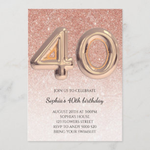 40th Women Birthday Rose Gold Glitter Elegant Invitation