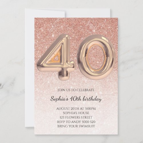 40th Women Birthday Rose Gold Glitter Elegant Invitation
