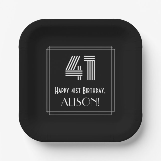 41st Birthday — Art Deco Inspired Look “41” + Name Paper Plates (Front)