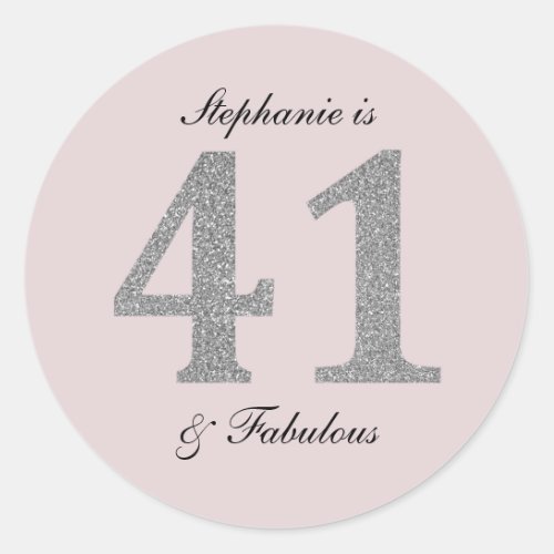 41st Birthday Blush Pink Silver Grey Glitter Classic Round Sticker