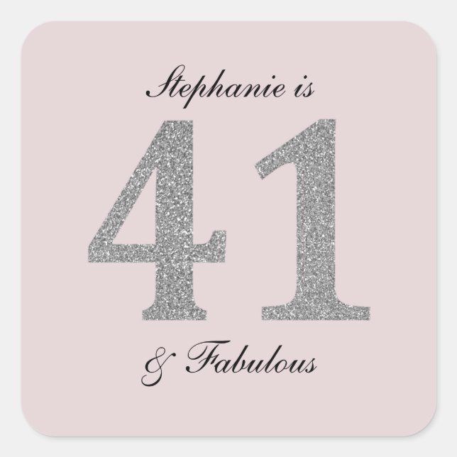 41st Birthday Blush Pink Silver Grey Glitter Square Sticker (Front)