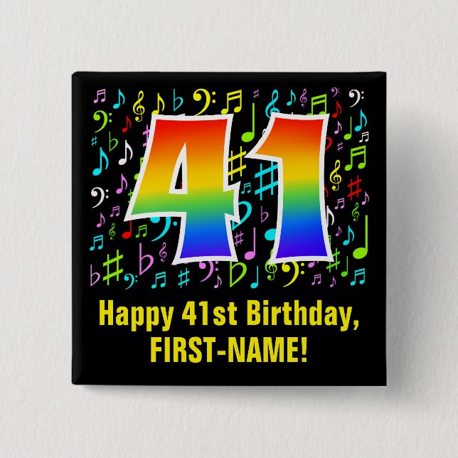 41st Birthday: Colorful Music Symbols, Rainbow 41 Button (Front)