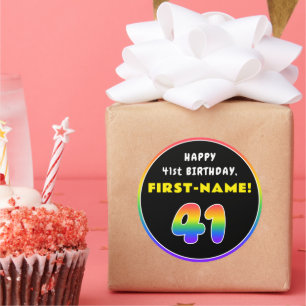 41st Birthday: Colorful Rainbow # 41, Custom Name Classic Round Sticker