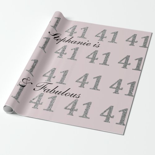 41st Birthday Custom Name Blush Pink Grey Glitter Wrapping Paper