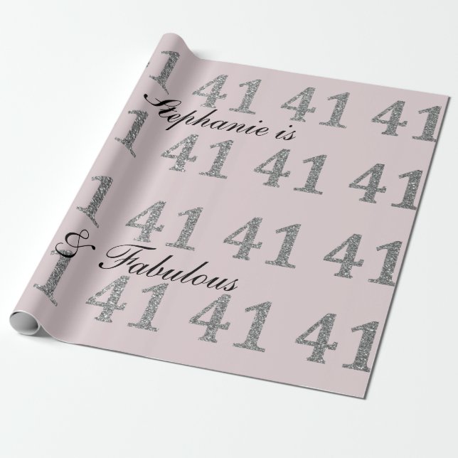 41st Birthday Custom Name Blush Pink Grey Glitter Wrapping Paper (Unrolled)
