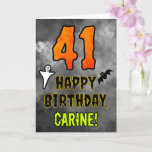 41st Birthday: Eerie Halloween Theme   Custom Name Card<br><div class="desc">The front of this scary and spooky Halloween themed birthday greeting card design features a large number “41” and the message “HAPPY BIRTHDAY, ”, plus an editable name. There are also depictions of a bat and a ghost on the front. The inside features a customized birthday greeting message, or could...</div>