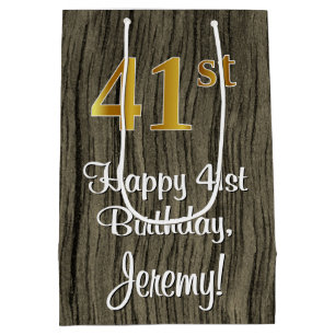 41st Birthday: Elegant Faux Gold Look #, Faux Wood Medium Gift Bag