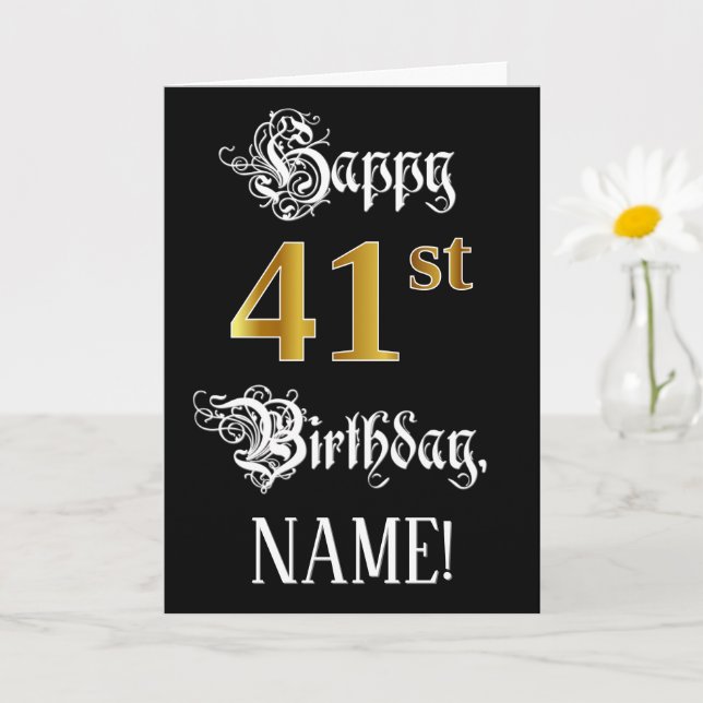 41st Birthday — Fancy Script; Faux Gold Look; Name Card (Small Plant)