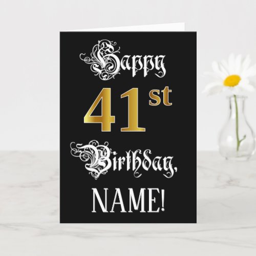 41st Birthday  Fancy Script Faux Gold Look Name Card