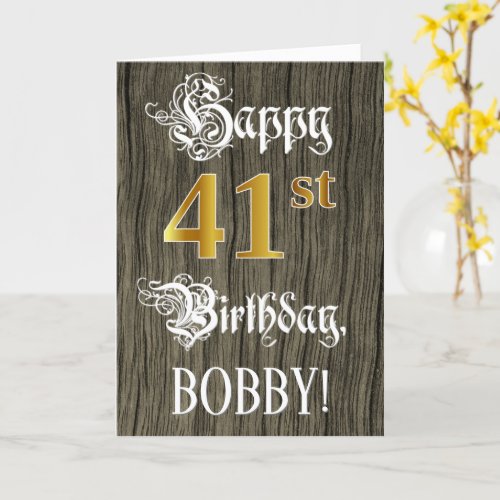 41st Birthday Faux Gold Look  Faux Wood Pattern Card