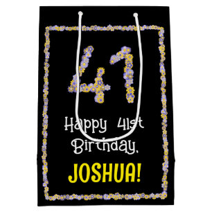 41st Birthday: Floral Flowers Number, Custom Name Medium Gift Bag