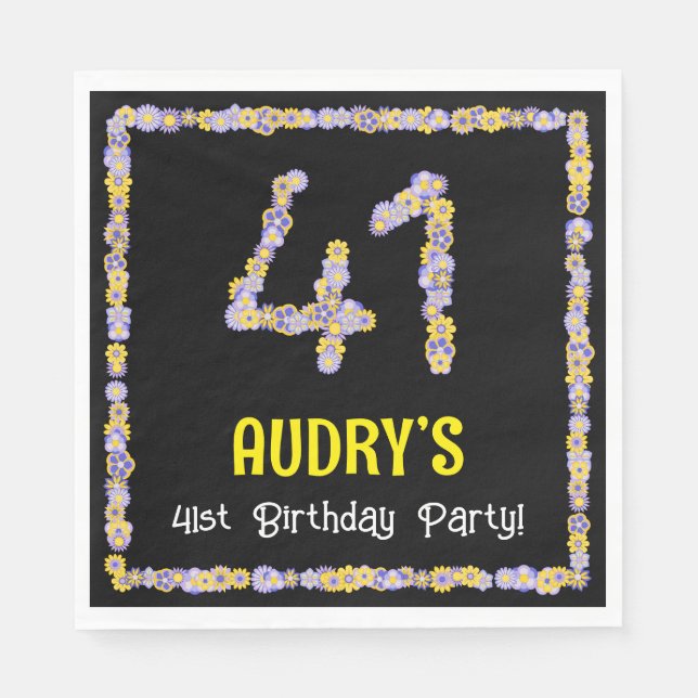 41st Birthday: Floral Flowers Number, Custom Name Napkins (Front)