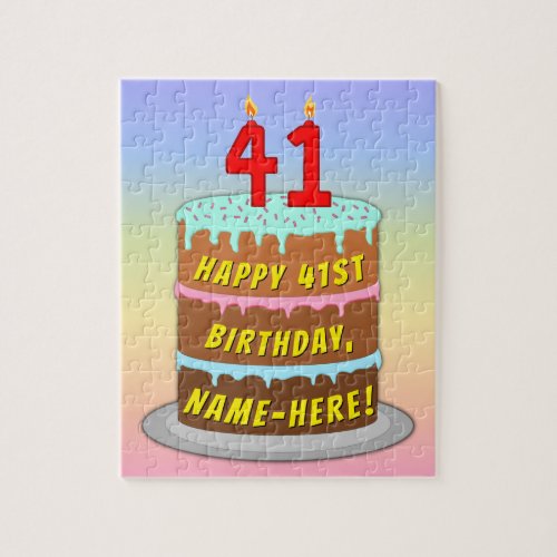 41st Birthday Fun Cake and Candles  Custom Name Jigsaw Puzzle