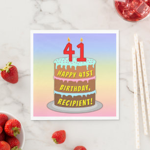 41st Birthday: Fun Cake and Candles + Custom Name Napkins