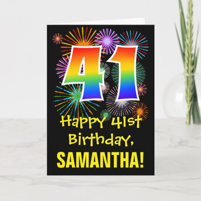 41st Birthday: Fun Fireworks Pattern + Rainbow 41 Card (Front)