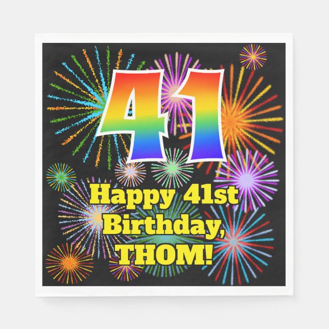 41st Birthday: Fun Fireworks Pattern + Rainbow 41 Napkins (Front)