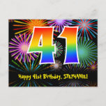 [ Thumbnail: 41st Birthday – Fun Fireworks Pattern + Rainbow 41 Postcard ]