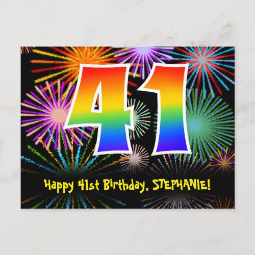 41st Birthday  Fun Fireworks Pattern  Rainbow 41 Postcard