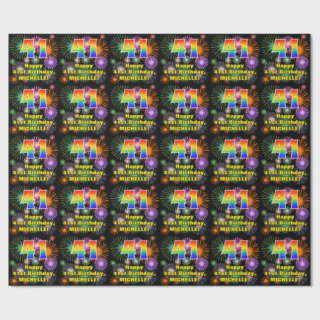 41st Birthday: Fun Fireworks, Rainbow Look # “41” Wrapping Paper (Flat)