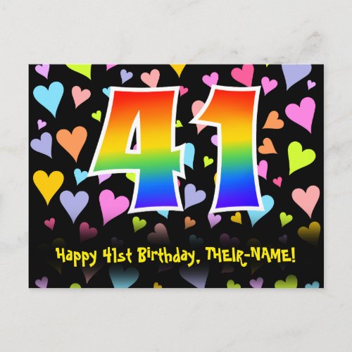 41st Birthday Fun Hearts Pattern Rainbow 41 Postcard