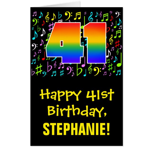 41st Birthday: Fun Music Symbols + Rainbow # 41 Card (Front)