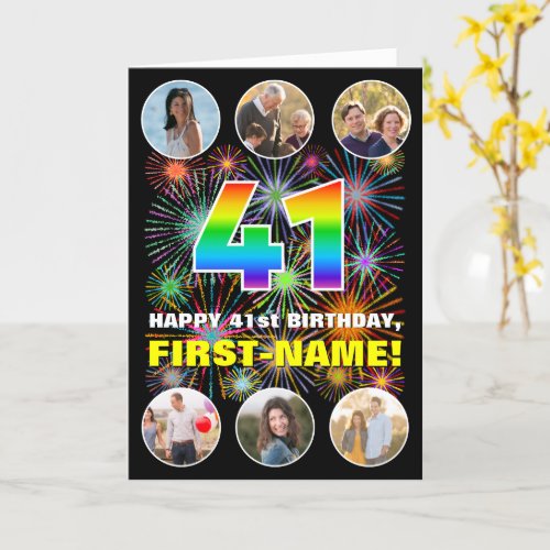41st Birthday Fun Rainbow  Custom Name  Photos Card
