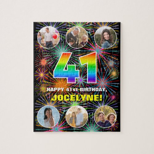 41st Birthday Fun Rainbow  Custom Name  Photos Jigsaw Puzzle