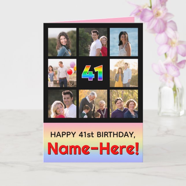 41st Birthday: Fun Rainbow #, Custom Photos + Name Card (Orchid)