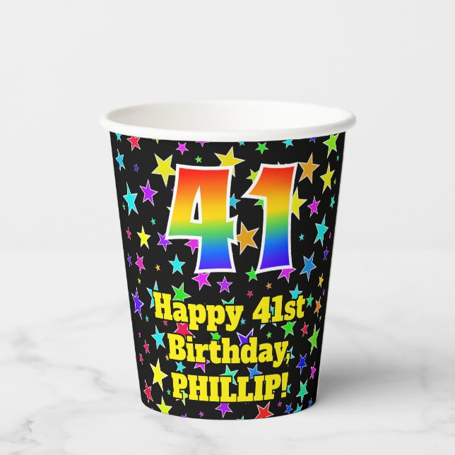 41st Birthday: Fun Stars Pattern and Rainbow 41 Paper Cups (Back)
