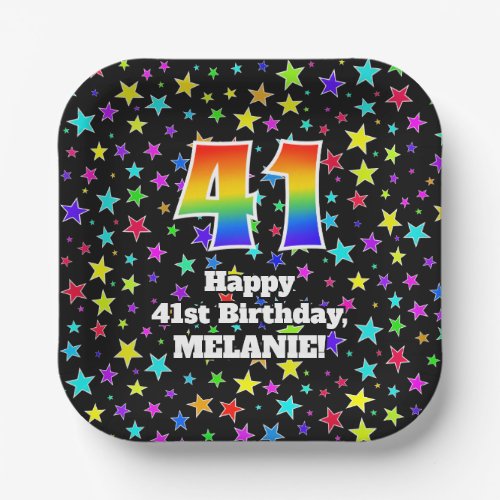 41st Birthday Fun Stars Pattern and Rainbow 41 Paper Plates