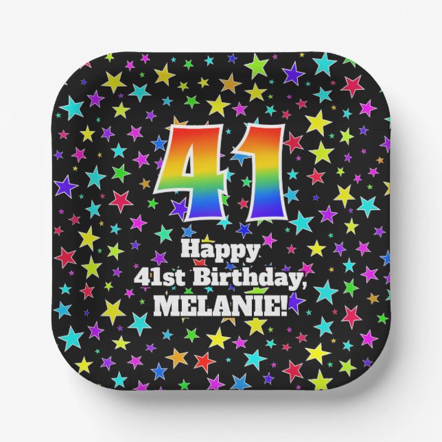 41st Birthday: Fun Stars Pattern and Rainbow “41” Paper Plates (Front)
