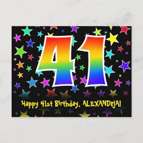 41st Birthday Fun Stars Pattern Rainbow 41 Name Postcard