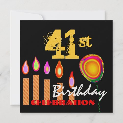 41st Birthday Gold Candles and Balloon Metallic Invitation