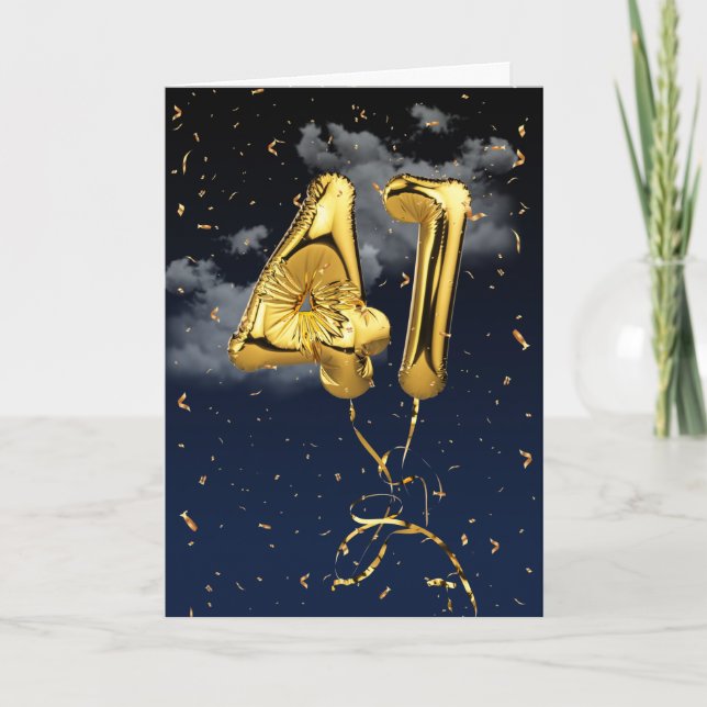 41st Birthday Gold Mylar Balloon and Confetti Card (Front)