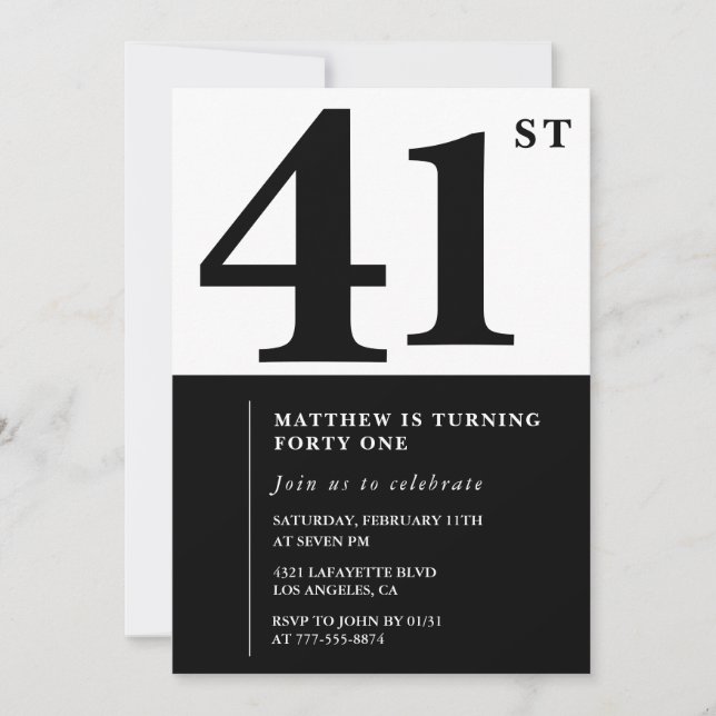 41st birthday invitations Black and White Elegant (Front)